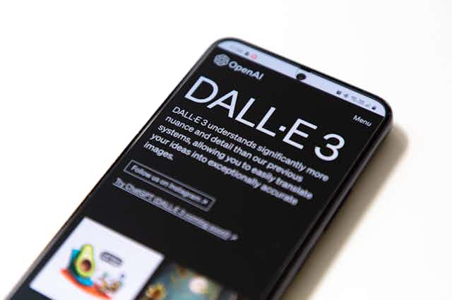 A phone with the DALL-E 3 app open, which can generate images from text descriptions.