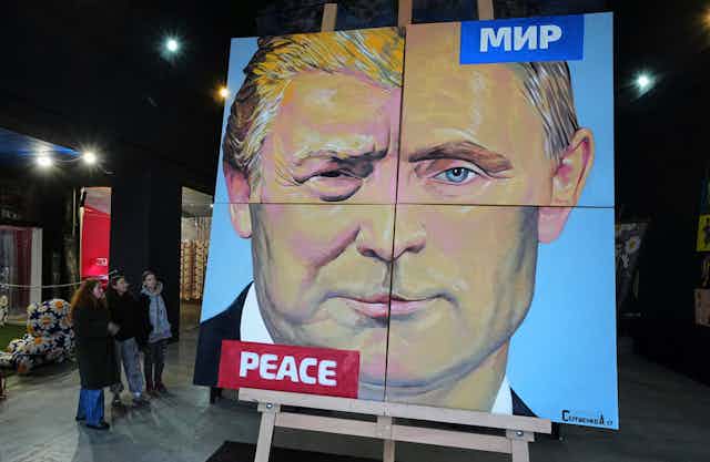 A painting melds the faces of two men.