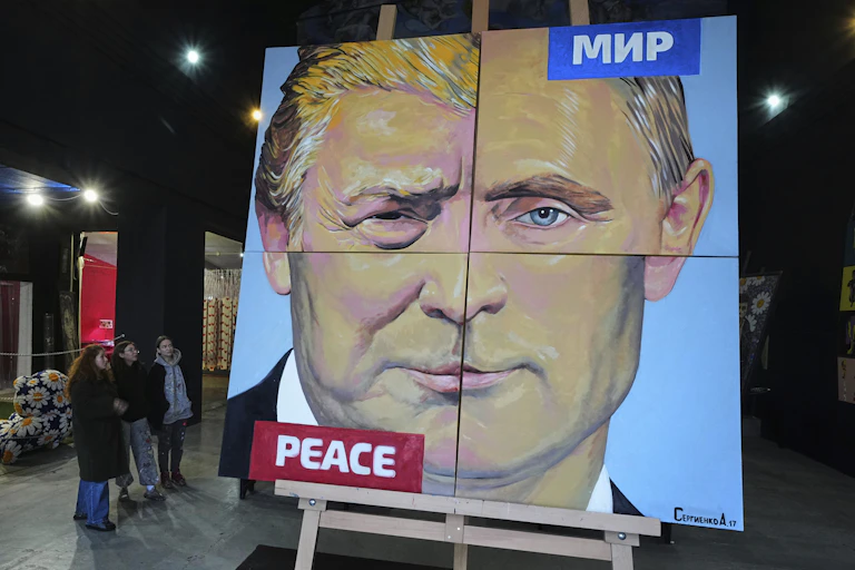 A painting melds the faces of two men.