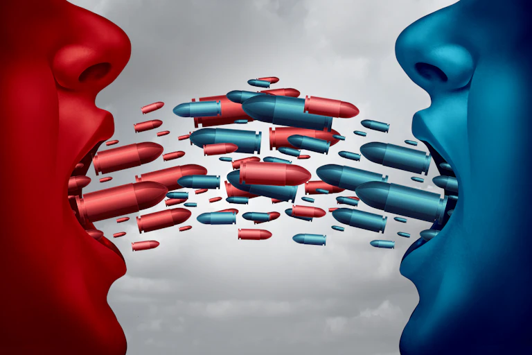 An illustration of two people with bullets spewing out of their mouths in.o the other's/