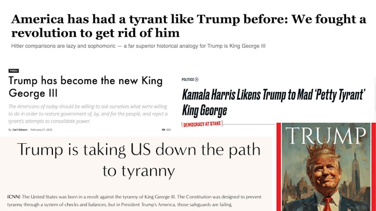 Un collage de titulares sobre que Trump se parece al Rey Jorge, así como una imagen de Trump con una corona.