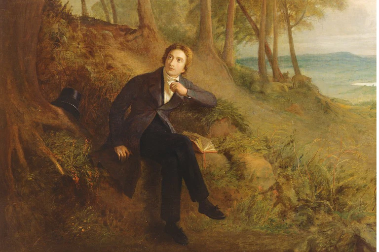 Pintura de un hombre en la naturaleza escuchando.