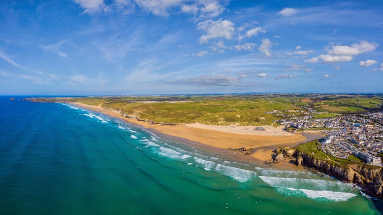 sunny coastal landscape, Perranporth beach in cornwall