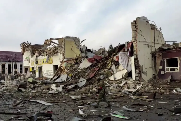 Collapsed buildings in a town.