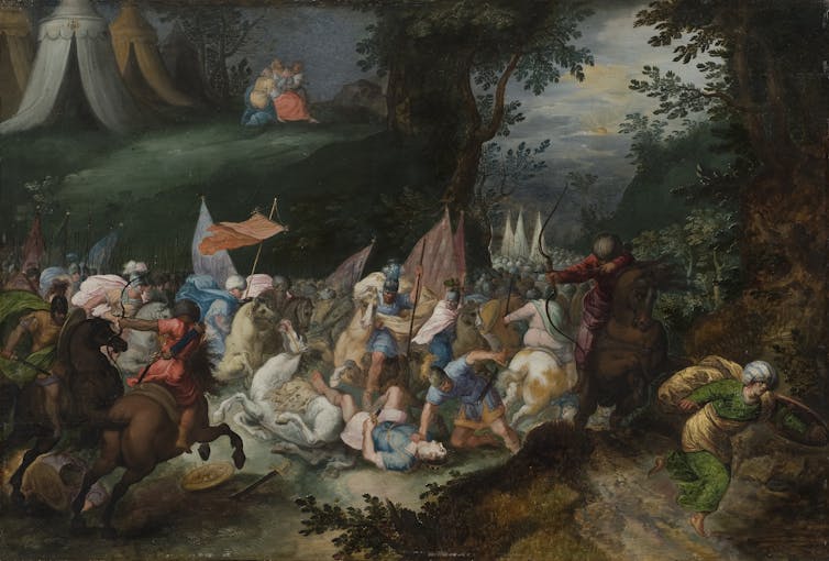 Colorful painting of soldiers engaged in battle.