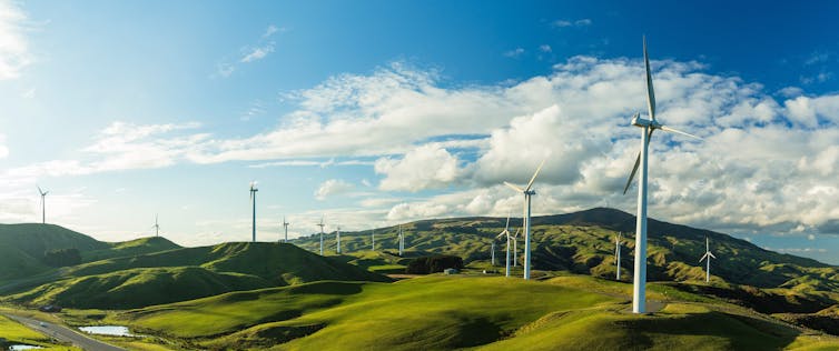 Wind turbines at the Te Apiti Wind Farm, New Zealand