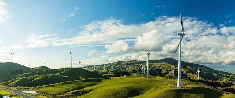 Wind turbines at the Te Apiti Wind Farm, New Zealand