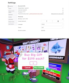 Screenshots of an account with a birthday in 2013 and a game screen showing a popup reading 'Buy Big Gift for $199 each?'