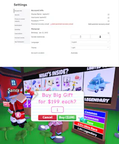Screenshots of an account with a birthday in 2013 and a game screen showing a popup reading 'Buy Big Gift for $199 each?'