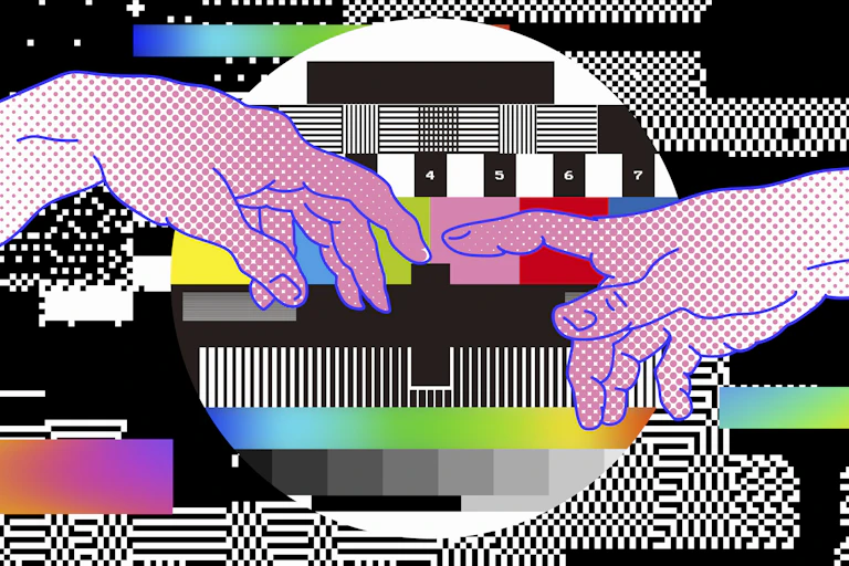 Illustration showing outstretched hands almost touching in front of a colourful, staticky test pattern.