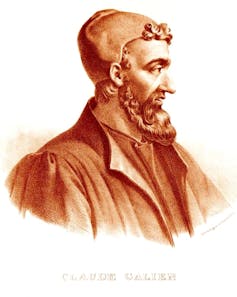 Side portrait of the physician Galen in red and white.