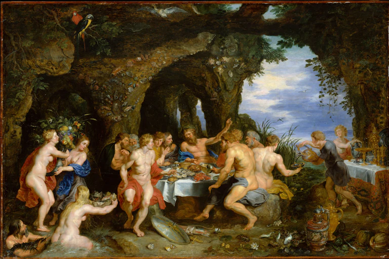 Painting depicting an ancient feast in a forest.