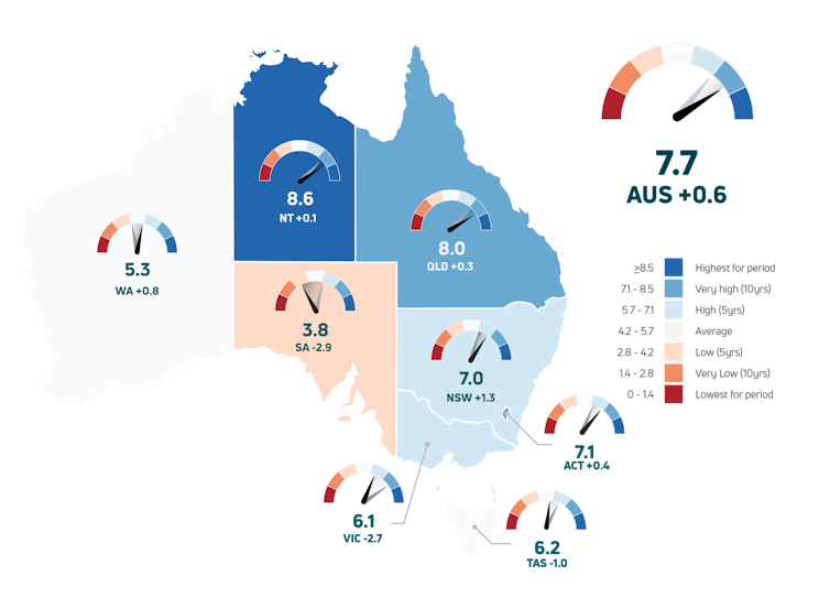 map of australia's states and territories with figures showing the 2024 environment score for each.