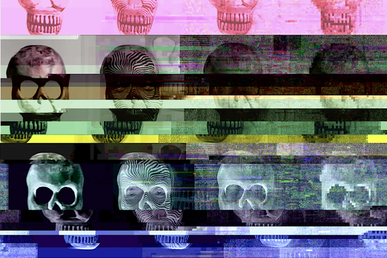 Repeating image of skulls with increasing doubling, blurring, ghosting, pixelation, and horizontal glitching.