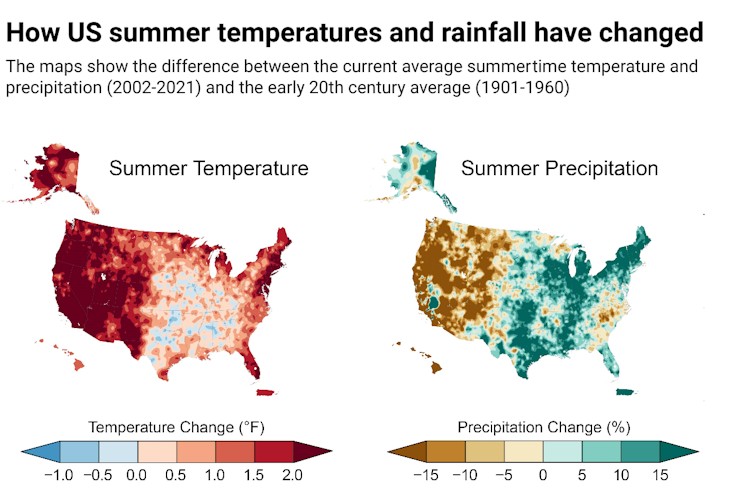 Maps show most of the US, especially the West, getting hotter, and the West getting drier.