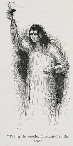 A troubled woman in a nightie holding a candle.
