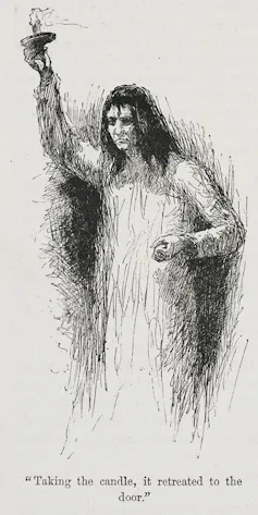 A troubled woman in a nightie holding a candle.