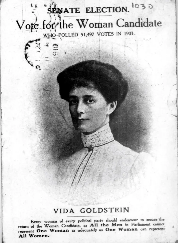 A historical political pamphlet with a picture of a woman in the centre