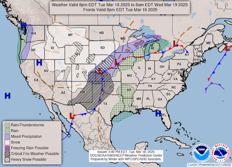 A weather map with a line between high and low pressure stretching across the U.S.
