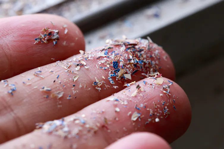 Small plastic particles on fingertips.