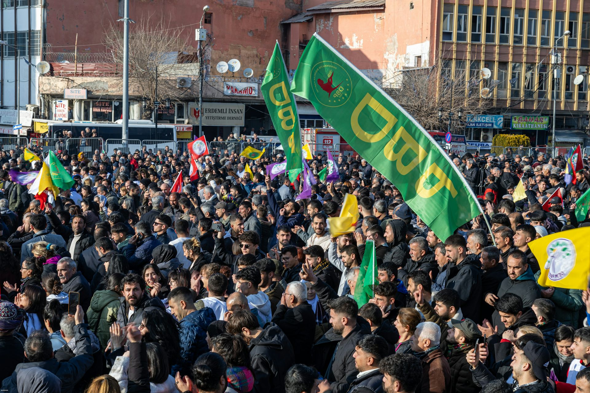 Supporters of a pro-Kurdish political party with flags in Turkey. 