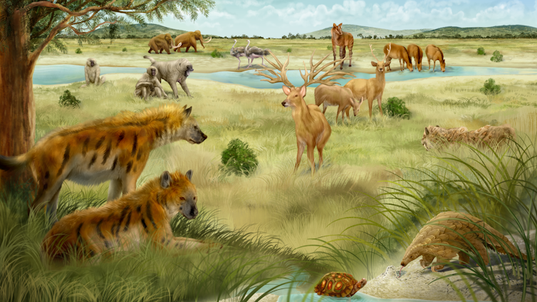 painting shows predators and prey in grassy areas adjoining a river