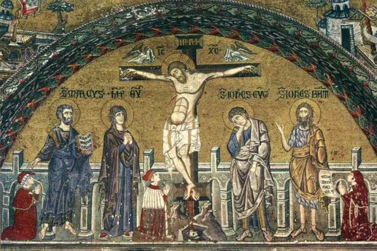 A 14th century mosaic showing the cricifixion of Christ with St Mark, the Virgin Mary, St John the Baptist and St John the Evnagelist.