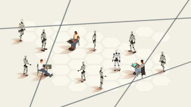 cartoon of three people seated at desks in an open space with nine humanoid robots standing around them