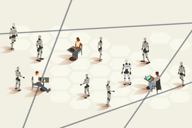 cartoon of three people seated at desks in an open space with nine humanoid robots standing around them