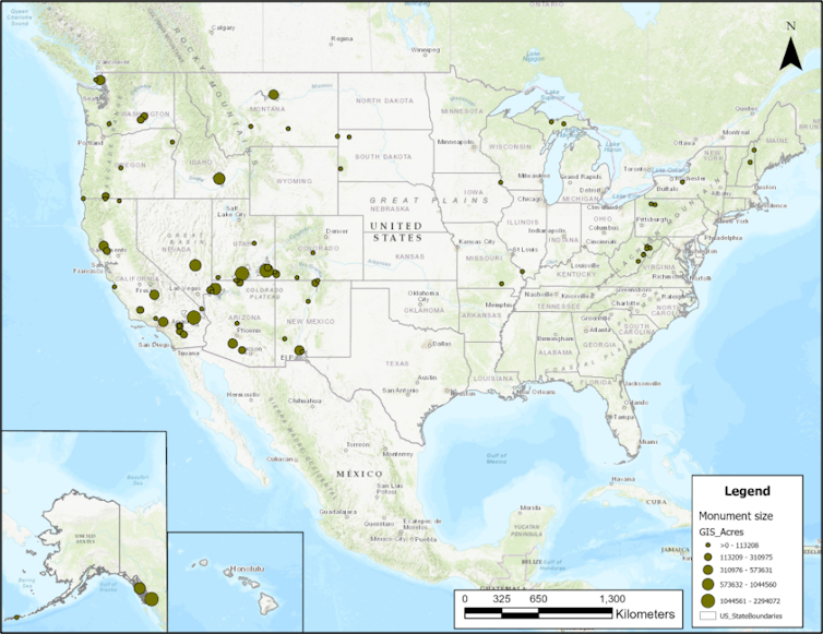 A map shows national monuments by acreage.