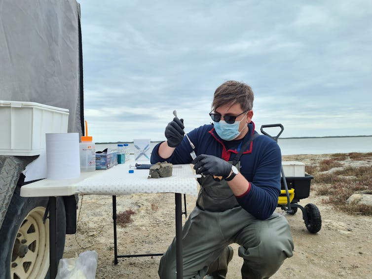scientist taking microbe samples in Coorong.