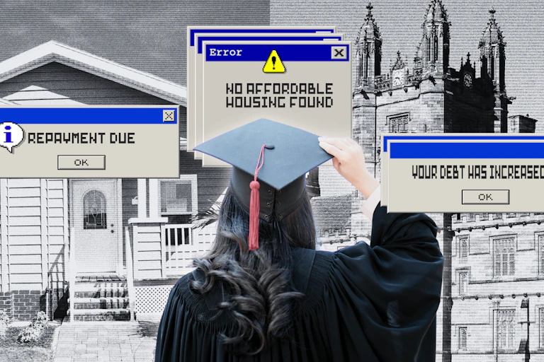 A composite image of a house and a university in black and white with computer error messages over the top