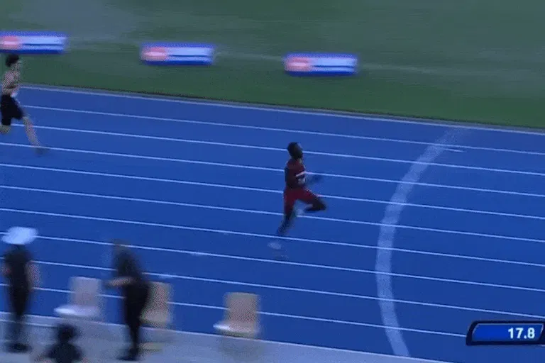 Gout Gout powers through the finish line during a 200m event