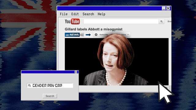 A composite image of a computer search window with Julia Gillard on YouTube