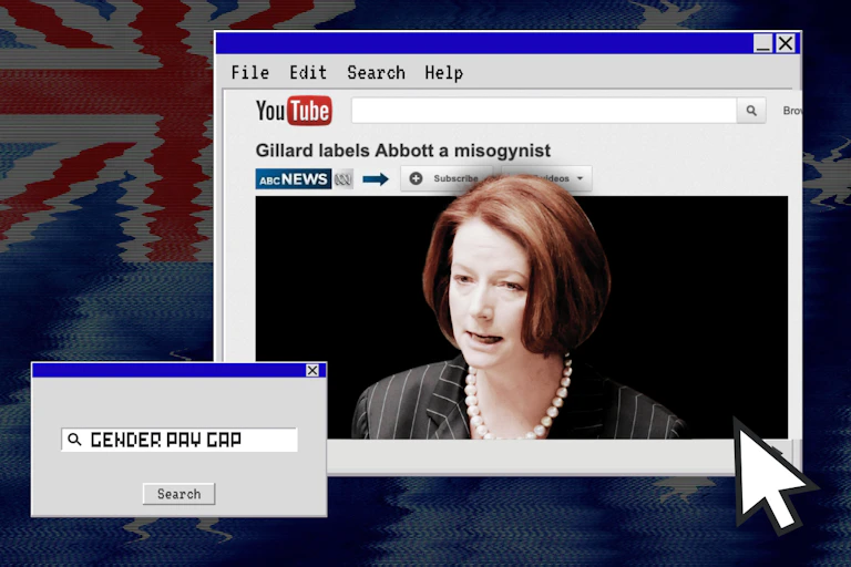 A composite image of a computer search window with Julia Gillard on YouTube
