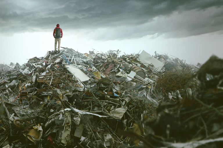 man standing on mountain of waste