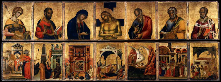 A painted wood panel depicting St Mark and other saints on the 'weekday' altarpiece in St Mark's basilica, Venice.