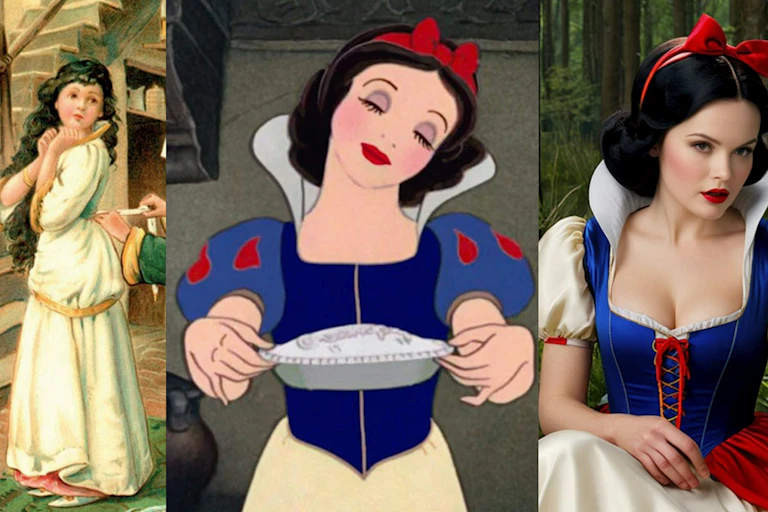 Evolución de la imagen de Blancanieves. De izquierda a derecha: grabado de de LL Weldon, fotograma de la película de Disney e imagen generedad por la IA (Deep Dream Generation).