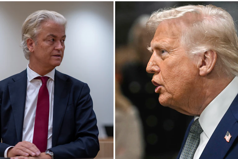 on the left a grey haired man with a suit and tie, on the right, a profile of a grey haired man.