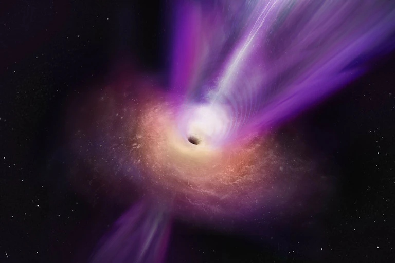 A swirling cloud of gas with a small black hole in the middle, and rays of light protruding from the center.