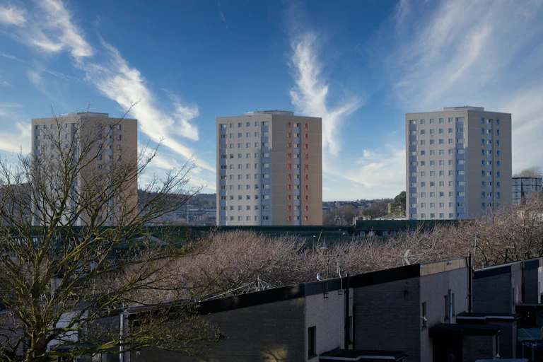 Three high rise blocks of flats.