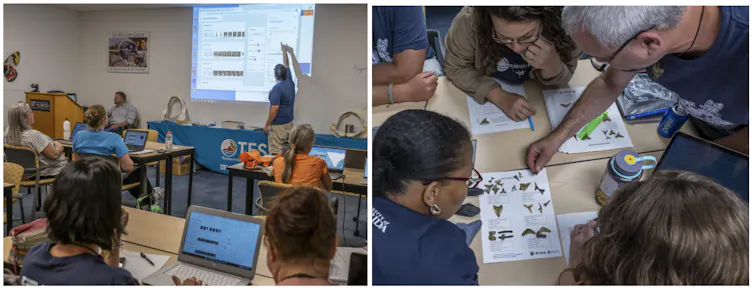 Two images in a composite. The left image is a room full of adults in a classroom looking at a projected image. The right is of a group of teachers huddled around pictures of shark teeth as one adult with gray hair and classes holds a shark tooth.