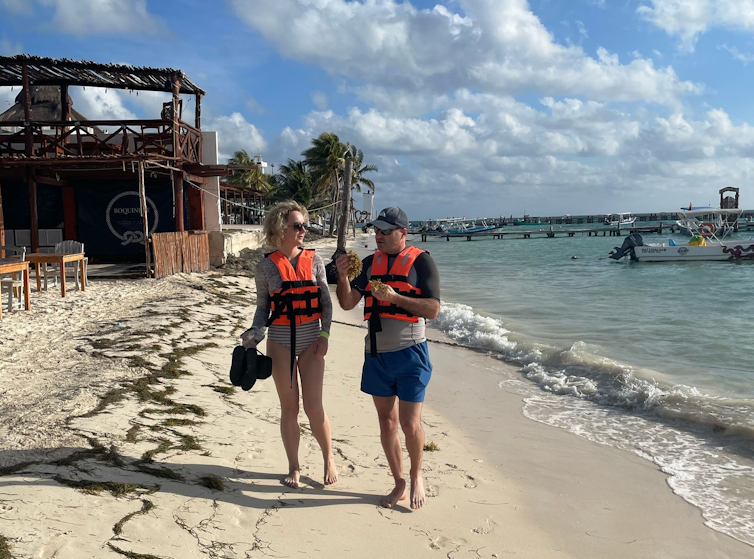 woman and man on beach holding seaweed