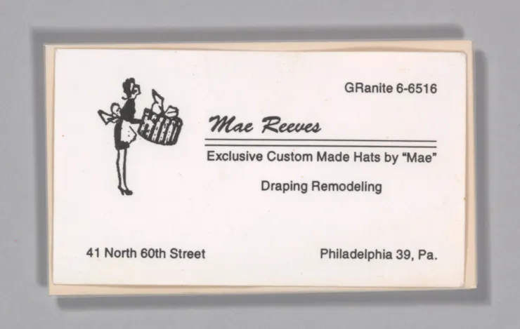 Business card for Mae Reeves with illustration of a maid delivering a large gift box