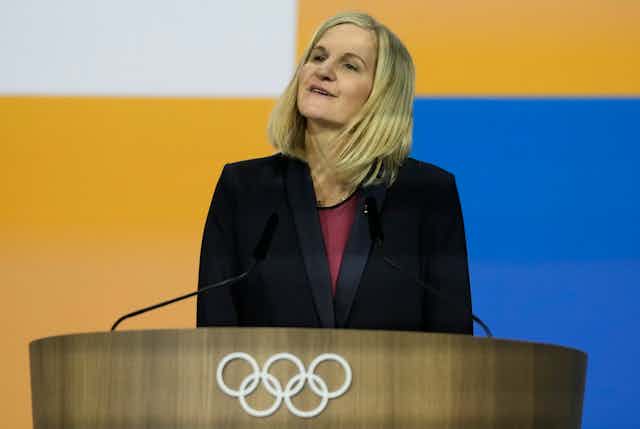Kirsty Coventry speaks after she was announced as the new IOC President