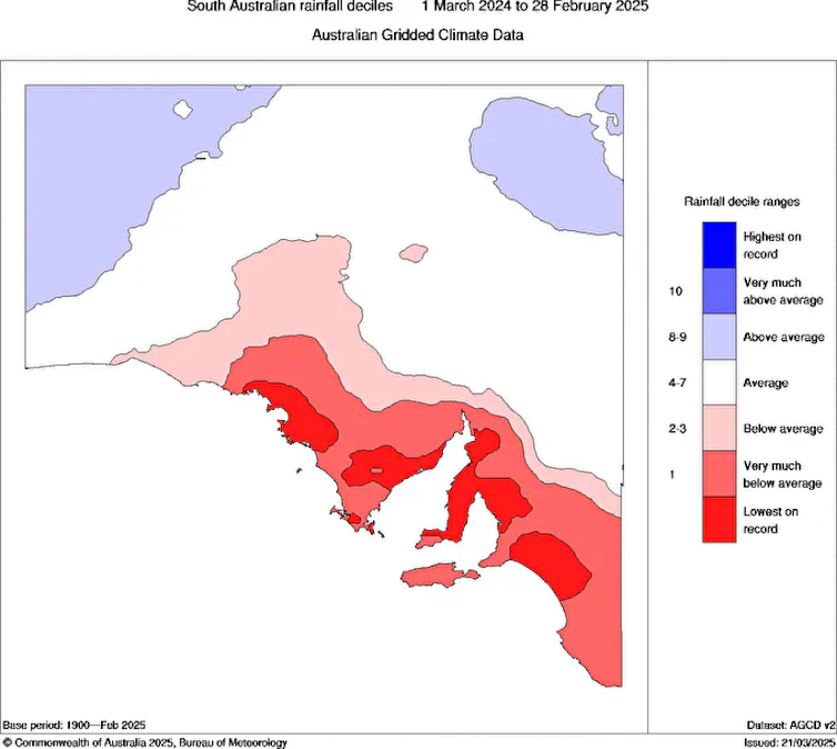 Map of South Australia showing rainfall deficiency, with rainfall lowest on record in large parts of the state closest to the coast.