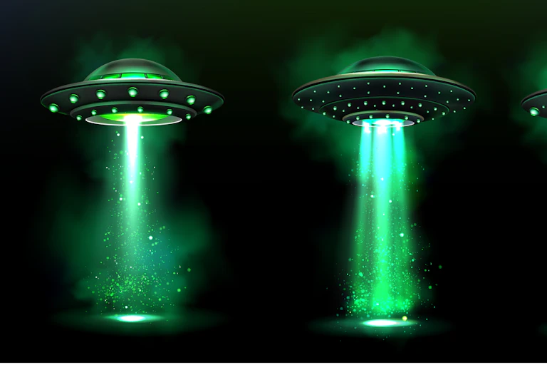 Ilustração artística de naves espaciais alienígenas com feixe de luz verde, fumaça e brilhos