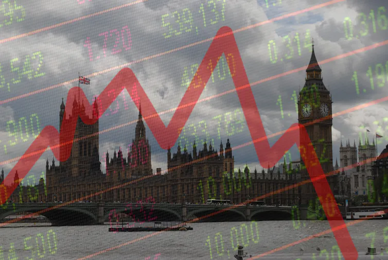 Fluctuating red line graph over backdrop of Houses of Parliament.