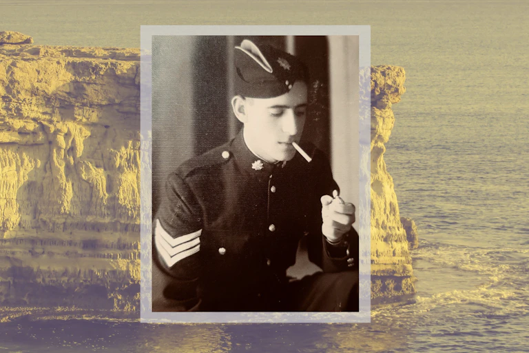 Photo of a second world war soldier, collaged over a Cypriot beachscape