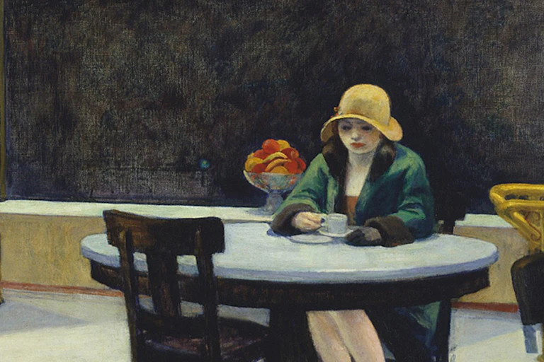Painting of a woman sitting alone in a cafe looking glum.